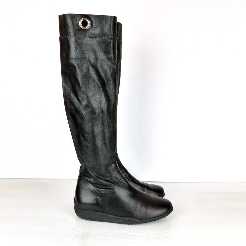 VTG Issey Miyake Knee High Boots Womens 6 Black Leather Hidden Wedge Grommet Y2K